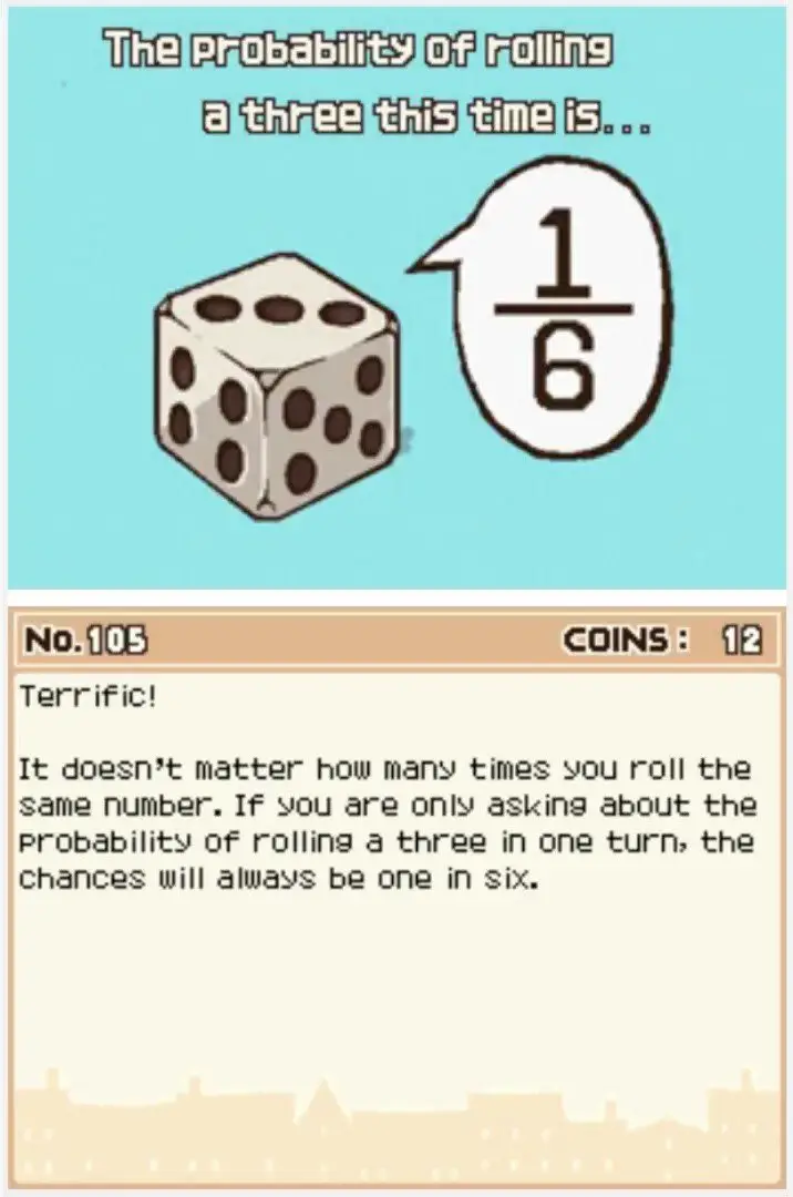 Answer screen for Professor Layton and the Curious Village Puzzle 105 - Rolling a Three