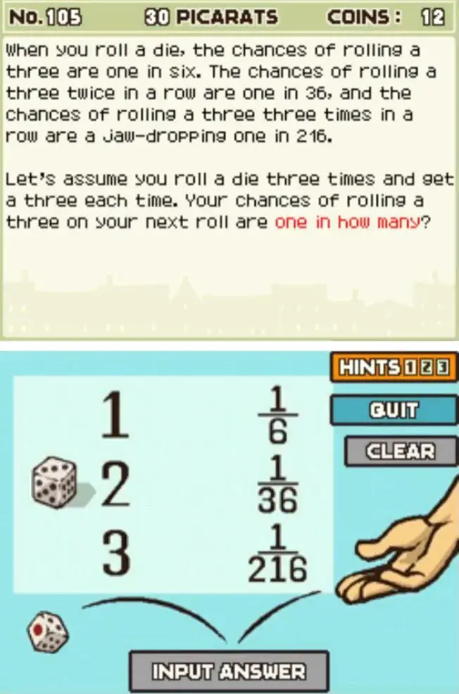 Puzzle overview for Professor Layton and the Curious Village Puzzle 105 - Rolling a Three