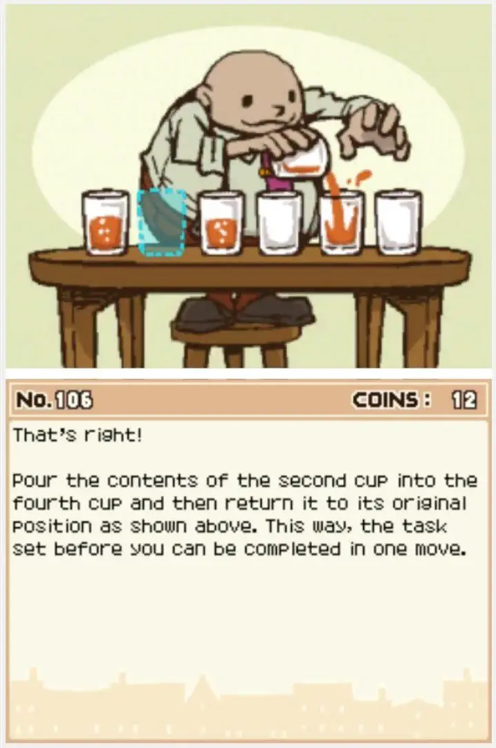 Answer screen for Professor Layton and the Curious Village Puzzle 106 - How Many Glasses?