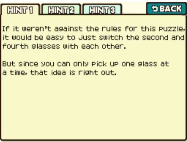 Professor Layton and the Curious Village Puzzle 106 - How Many Glasses? Hint 1