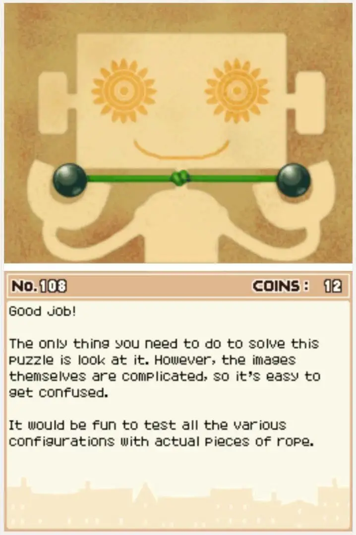 Answer screen for Professor Layton and the Curious Village Puzzle 108 - Not Knots?