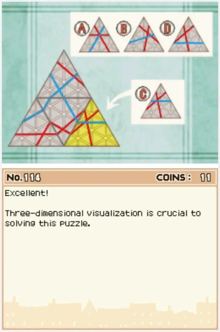 Answer screen for Professor Layton and the Curious Village Puzzle 114 - Tetrahedron Trial