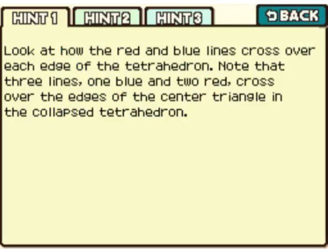 Professor Layton and the Curious Village Puzzle 114 - Tetrahedron Trial Hint 1