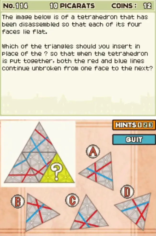 Puzzle overview for Professor Layton and the Curious Village Puzzle 114 - Tetrahedron Trial