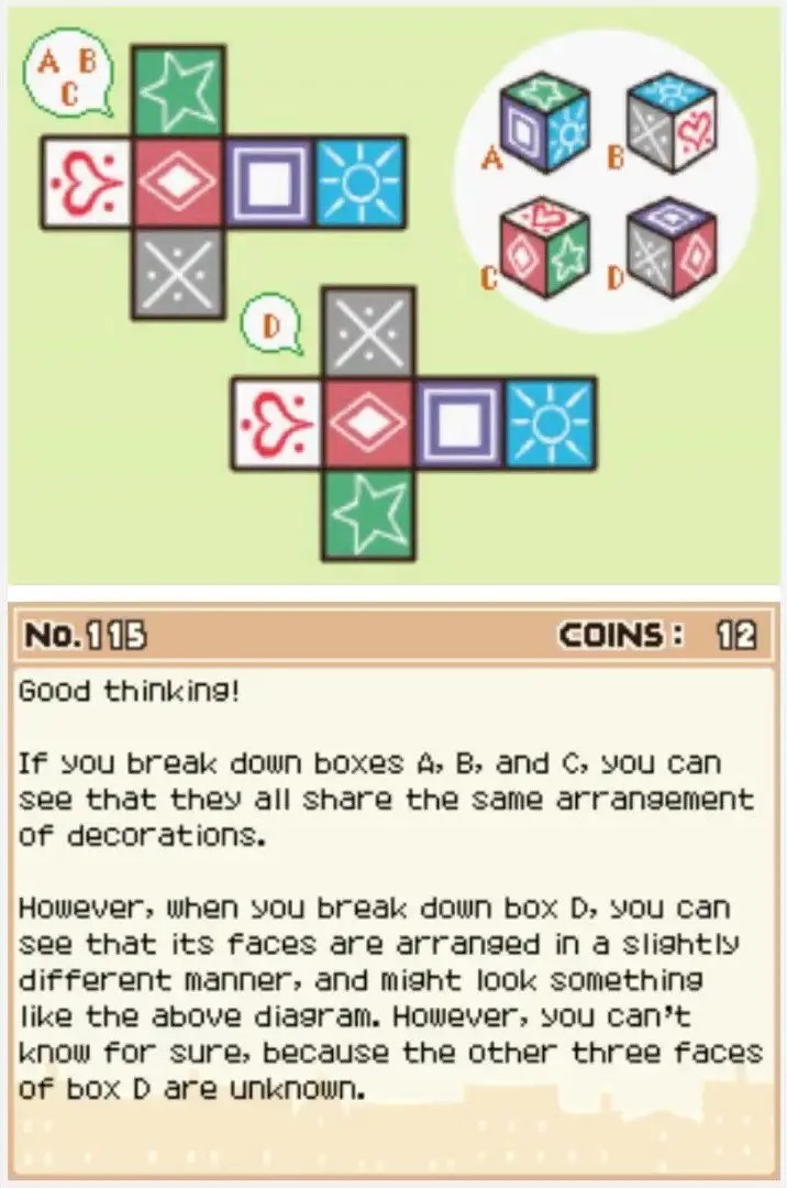 Answer screen for Professor Layton and the Curious Village Puzzle 115 - Odd Box Out