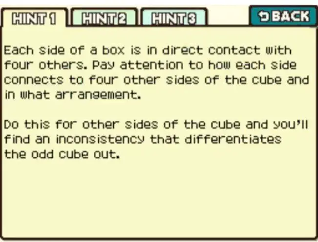 Professor Layton and the Curious Village Puzzle 115 - Odd Box Out Hint 1