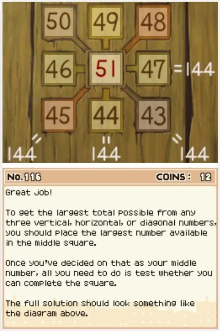 Answer screen for Professor Layton and the Curious Village Puzzle 116 - The Largest Total