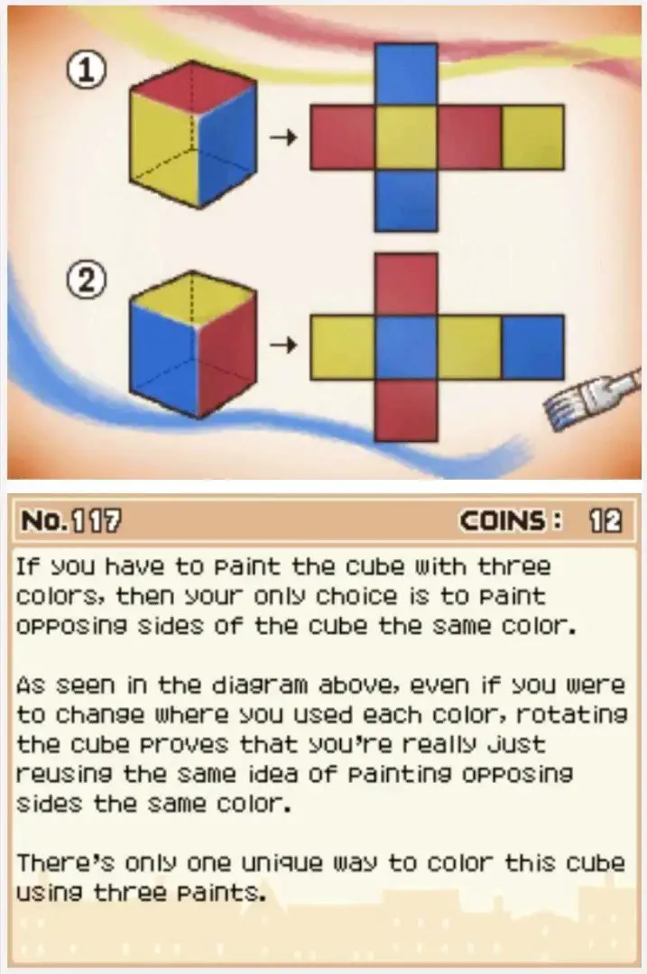 Answer screen for Professor Layton and the Curious Village Puzzle 117 - Painting a Cube