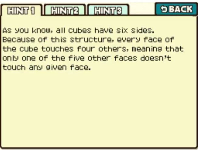 Professor Layton and the Curious Village Puzzle 117 - Painting a Cube Hint 1