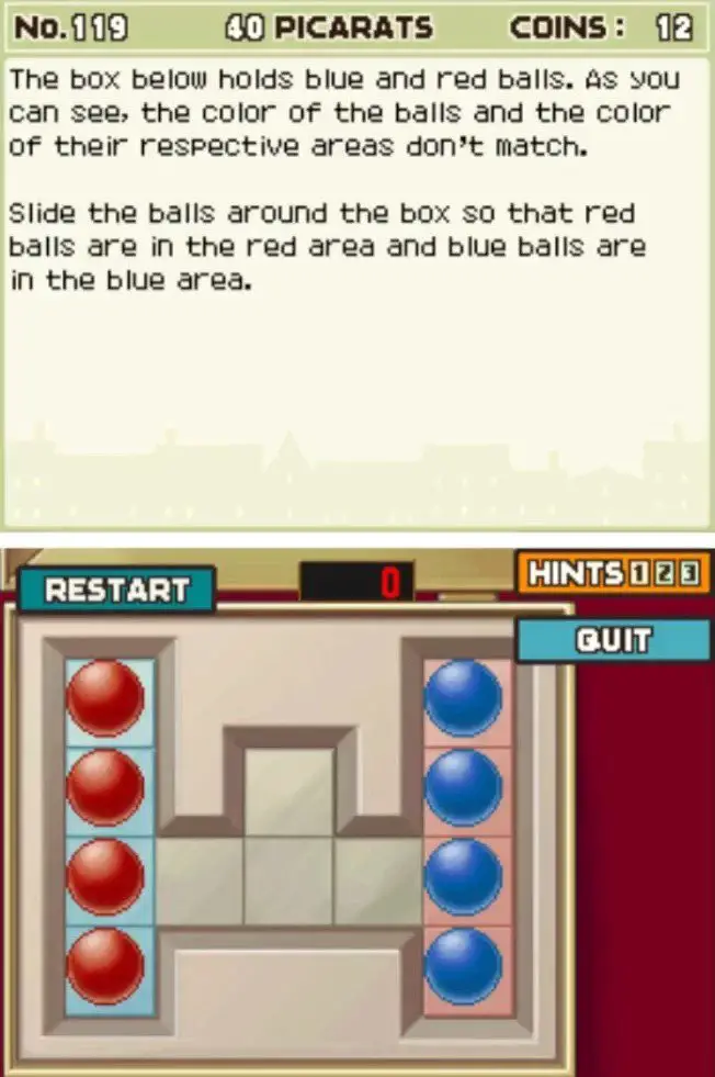 Puzzle overview for Professor Layton and the Curious Village Puzzle 119 - Red and Blue 1